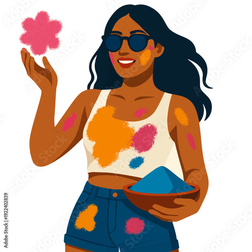 Happy Holi Woman with Color Powder and Sunglasses - Festival of Colors Celebration Character