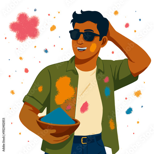 Happy Holi Celebration Man with Color Powder - Festival of Colors Character Illustration