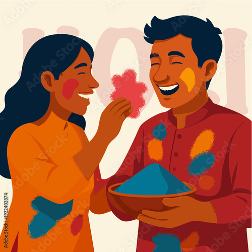 Happy Holi Couple Playing with Colors - Man and Woman Celebrating Festival of Colors Illustration