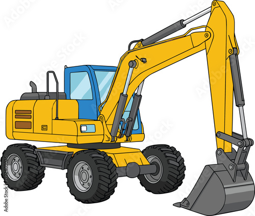 Yellow Hydraulic Excavator Vector Illustration Featuring a Powerful Digging Bucket and Large Rubber Tires for Construction Site Development and Heavy Machinery Projects