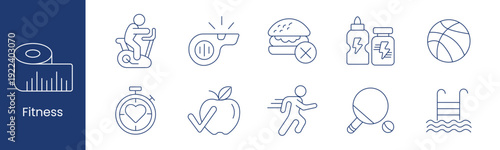 Fitness set icon. Collection with exercise bike, whistle, burger cross, protein bottle, basketball, stopwatch heart, apple check, running person, tennis racket, pool ladder.