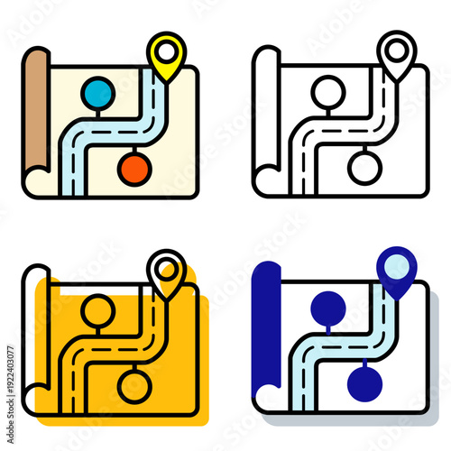 Map navigation and location route icons with pin and pathway. GPS direction, travel planning and journey concept in modern flat outline vector style. Vector icon in four different style.