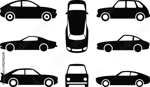 Car silhouette icon set with eight automobile views, side profiles, front and top angle, black vector vehicle shapes isolated on white background.