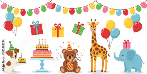 Cute animal birthday party vector set with giraffe elephant bear dog cake balloons and gifts for kids celebration design