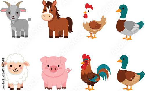 Set of cute flat farm animal vector icons featuring goat horse chicken duck sheep pig and rooster for kids,