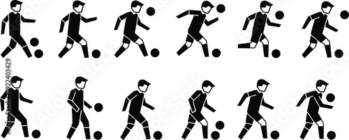 Soccer player silhouette set, football dribbling action poses black and white vector illustration isolated on light background