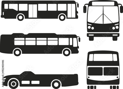 Bus silhouette icon set with city transit vehicles, side and front views, black vector public transport collection including coach and trolleybus isolated.