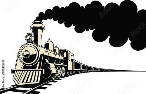 Vintage Steam Locomotive Train Vector Illustration Featuring Classic Engine with Billowing Smoke Clouds on Railway Tracks for Retro Transportation and Travel Designs
