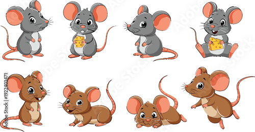 Collection of cute cartoon mouse characters in various poses eating cheese standing and sitting for children illustration design