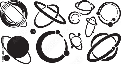 Black and white illustration of various planet ring systems