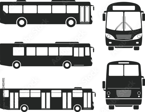 City bus silhouette icon set with side and front views, black vector public transport vehicles for urban transit, commuter service, isolated on white.