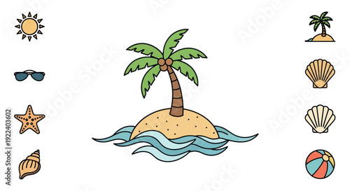 Tropical Island Paradise Summer Vacation Icons: Palm Tree, Sun, Sunglasses, Starfish, Seashells, Beach Ball