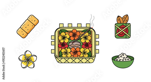 Balinese Offerings Icons: Canang Sari, Flowers, Incense, Rice, Bandage