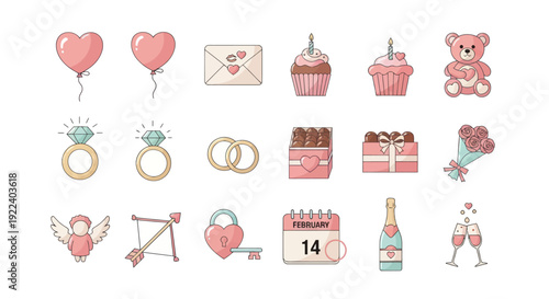 Valentine's Day Icons Set: Love, Romance, Gifts, Celebration Elements
