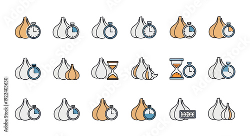 Garlic Icons with Timers and Hourglasses, Food Cooking Time Concept