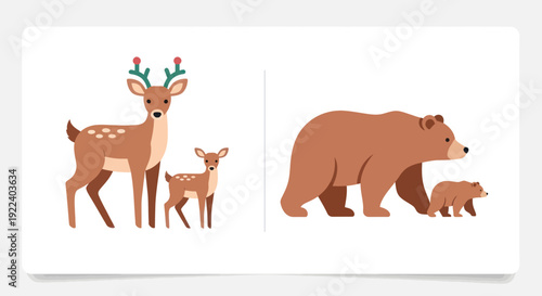 Cute Deer Family and Bear Family Illustration, Baby Animals, Nature Wildlife