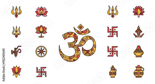 Hindu Om Symbol, Lotus, Trishul, Swastika, Kalash Icons Set - Religious Symbols Collection