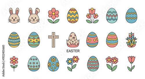 Easter Icons: Bunny, Eggs, Flowers & Cross - Cute Flat Design Collection
