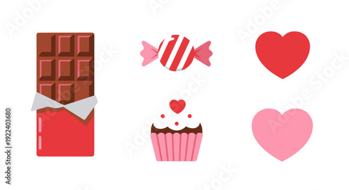 Valentine's Day Sweets: Chocolate Bar, Candy, Cupcake, and Hearts Icons