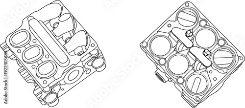 Engine cylinder head line art illustration set, mechanical automotive part outlines in two angles, detailed black and white vector technical drawing isolated.