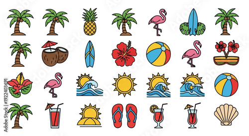 Summer Vacation Icons: Palm Trees, Flamingos, Surfboards, Cocktails, and Tropical Elements