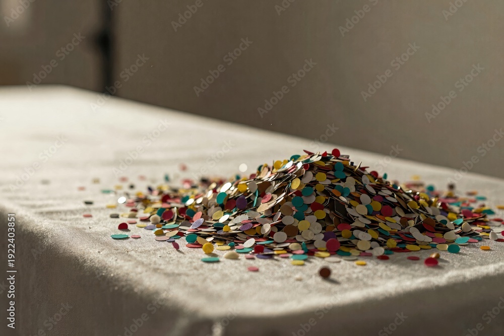 Fototapeta premium Colorful confetti for celebratory events - Wedding table adornments, Party time festive sprinkles on fabric background.