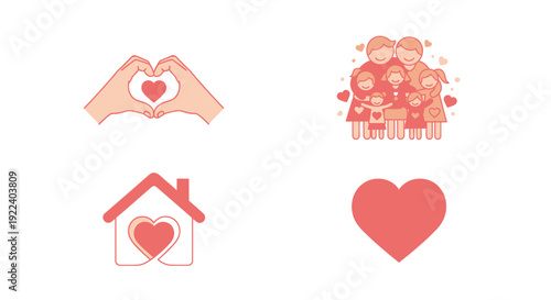 Family Love Heart Icons: Hands, House, People, Symbol