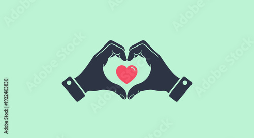 Hands Forming Heart Shape with Red Heart Symbol on Light Green Background