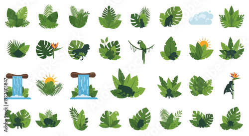 Jungle Elements Collection: Tropical Plants, Wildlife, Waterfall, Parrot, Bird of Paradise