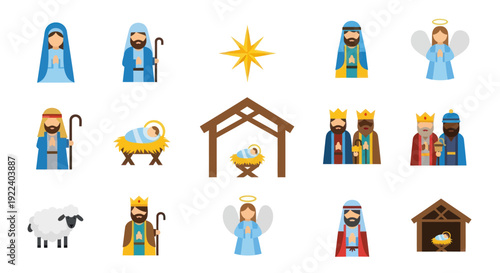 Nativity Scene Icons: Mary, Joseph, Baby Jesus, Manger, Angels, Kings, Sheep