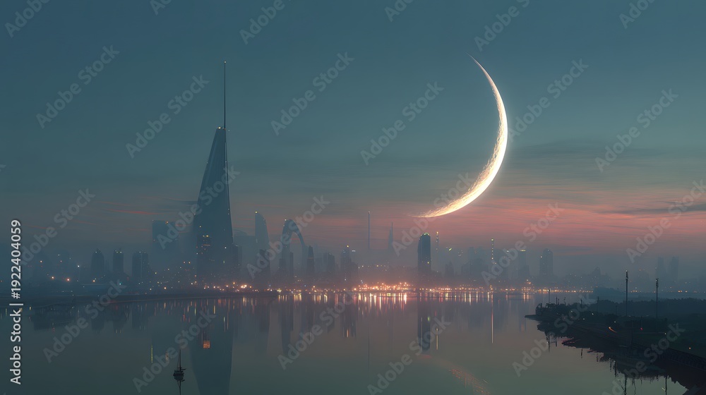 Fototapeta premium Eid moonrise over futuristic skyline