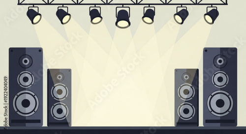 Sound system with speakers and stage lights on a cream background music equipment setup