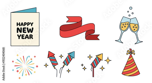 New Year Celebration Icons: Card, Ribbon, Champagne, Fireworks, Party Hat