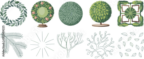 Garden landscape elements set with wreath, trees and shrubs top view, branches, leaves and paving plan icons, hand drawn vector clipart isolated.