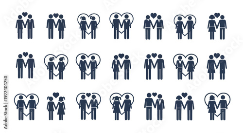Diverse Couple Icons: Love, Relationships, LGBTQ+ Symbols, Heart Background