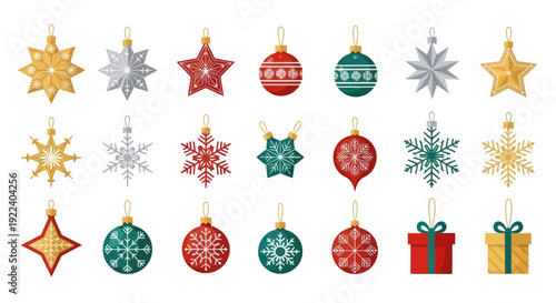 Festive Christmas Ornaments Collection: Stars, Snowflakes, Baubles, and Gifts