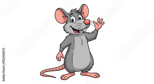 Friendly cartoon mouse waving hand up with cheerful expression on white background