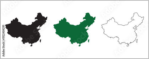 China Map Silhouette Solid Black Outline and Satellite Style Vector Isolated on White Background