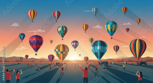 Vibrant hot air balloons soaring above people at sunrise or sunset with mountains in background