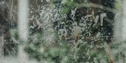 The glass surface texture is dirty with dried water stains, dust, and scratches.