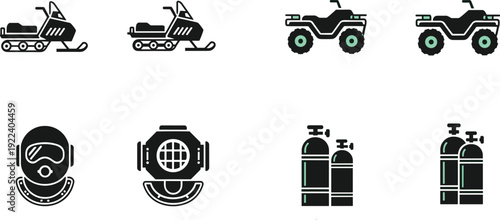 Winter adventure and diving equipment icon set, snowmobile ATV helmet oxygen tank vector illustration collection isolated background
