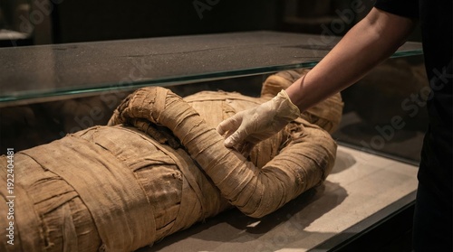 Conservator carefully handling an ancient egyptian mummy wrapped in linen bandages, studying its preservation during an archaeological investigation inside a museum exhibit