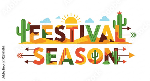 Vibrant festival season desert graphic with cacti and arrows on white background