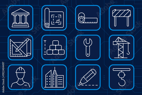 Infrastructure set icon. Garbage truck, highway lanes, road trees, cargo crane, factory, gas station, radio tower, overpass interchange, water tower, signpost