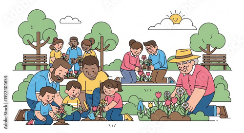 Diverse group of people planting flowers and trees in a community garden on a sunny day with kids