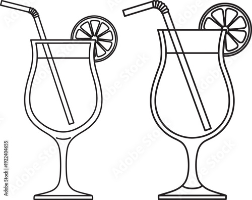 Outline drawings of two tall hurricane glasses filled with drinks and garnished with lemon slices and straws.