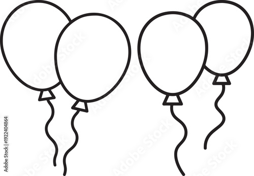 Simple black and white line art featuring four balloons with wavy strings, perfect for party or celebration designs.