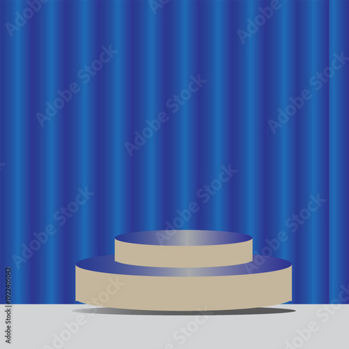 A 3d beige podium on a white surface against a blue curtain background