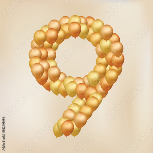 Number 9 from gold balloons, for celebration, birthday