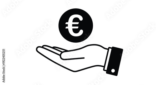 Simple black and white graphic icon illustrating a receiving hand holding or presenting a single euro currency coin symbol for financial concepts.